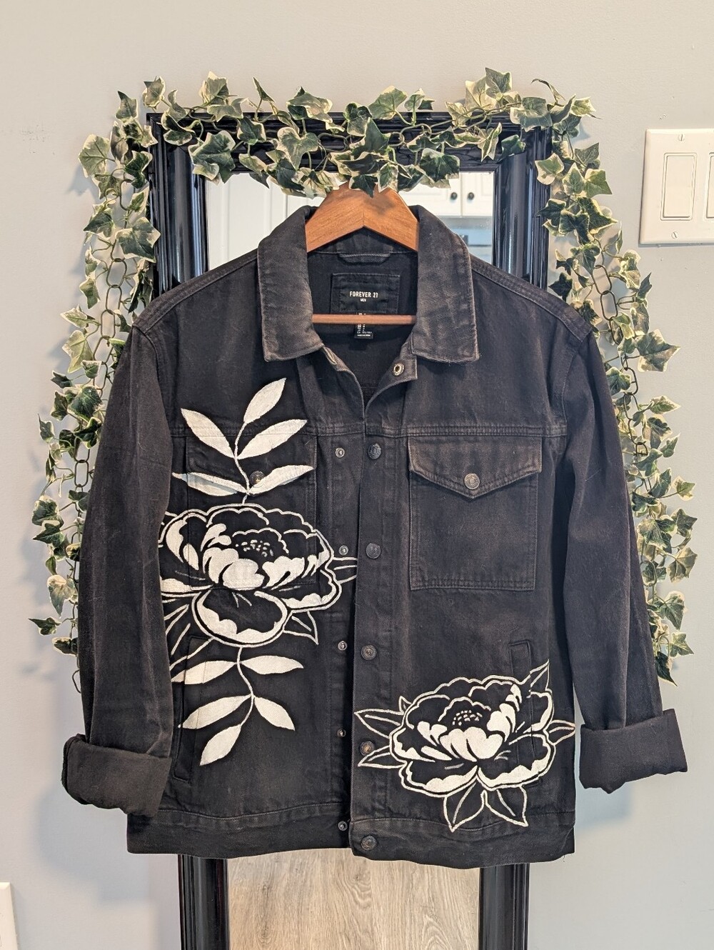 Hand-painted White Floral On Black Denim Jacket